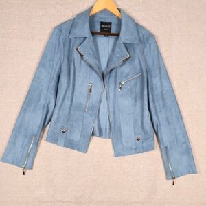Insight New York Womens Blue Faux Suede Moto Biker Jacket Gold Zip Size 14